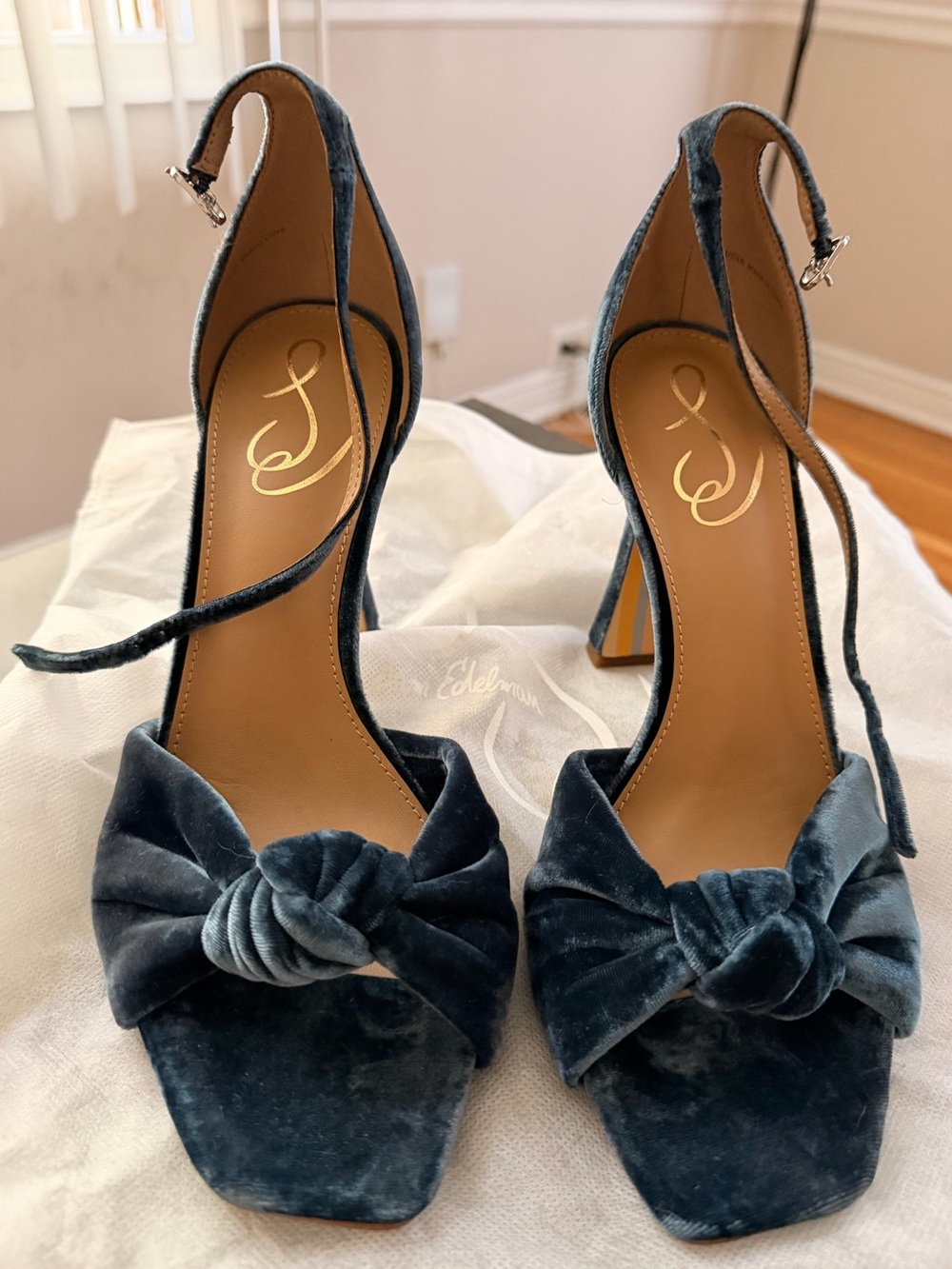 Velvet Knot Front Ankle-Strap Heels in Teal